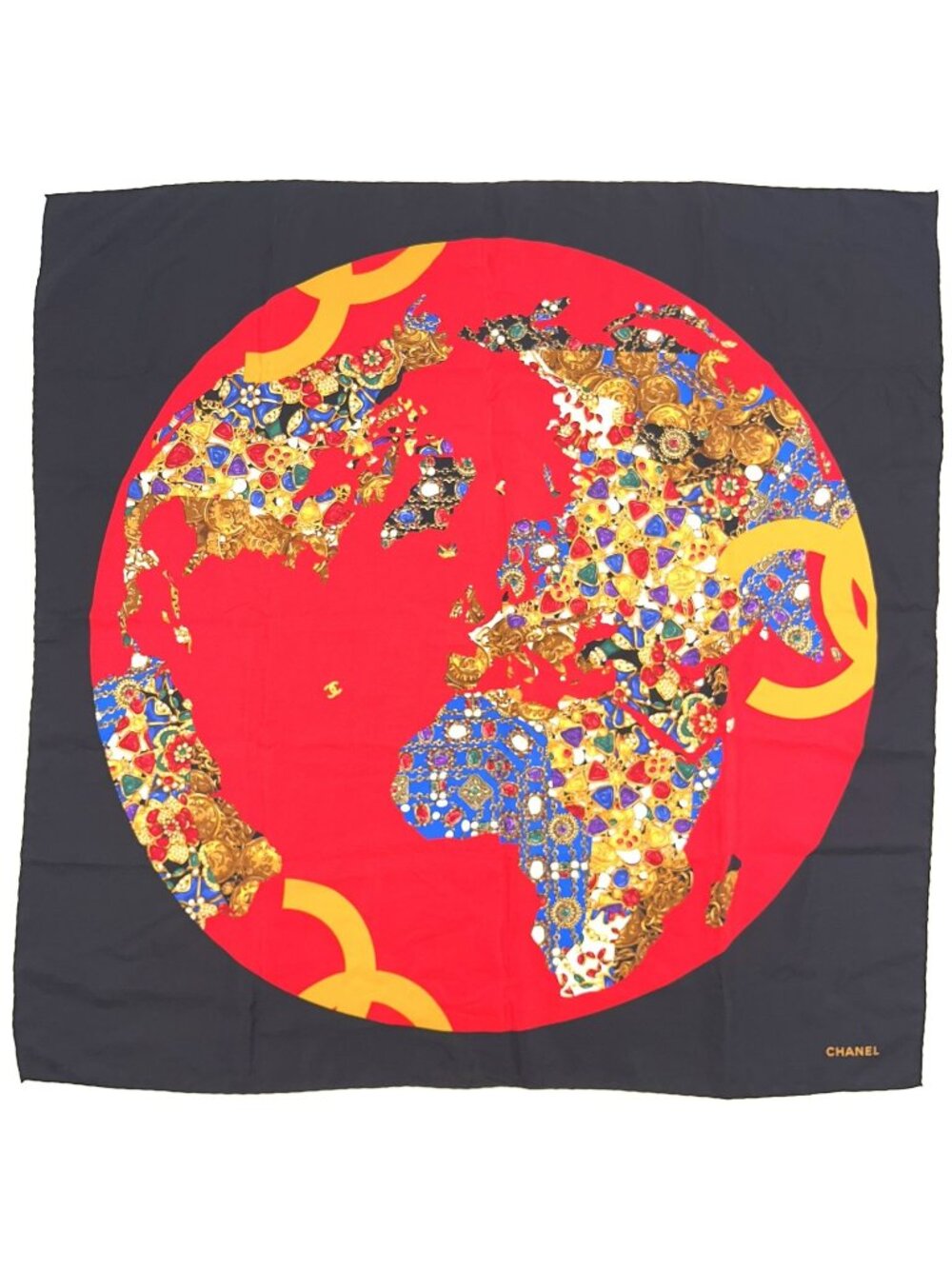 Chanel Globe Gem Pattern Large Silk Yellow Black Red Scarf